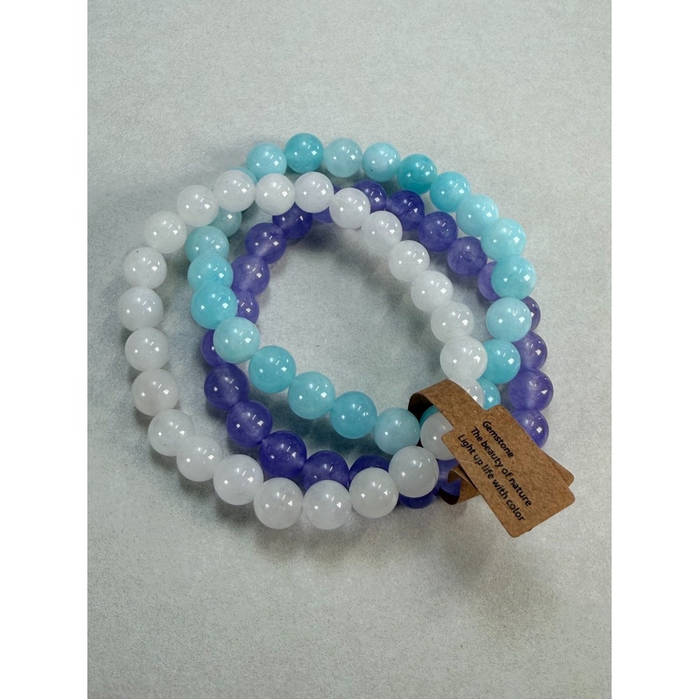 Natural Gemstone Stretch Bracelet Set Purple Blue White Beads 3 Piece Stack